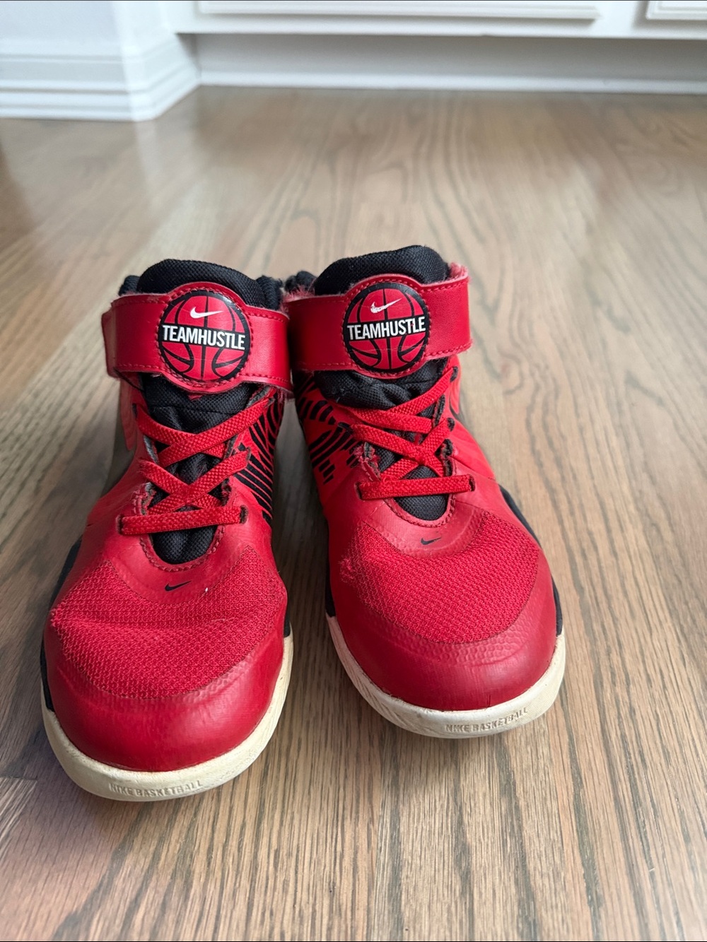 Nike Red and Black TeamHustle Kids High-Top Sneakers
